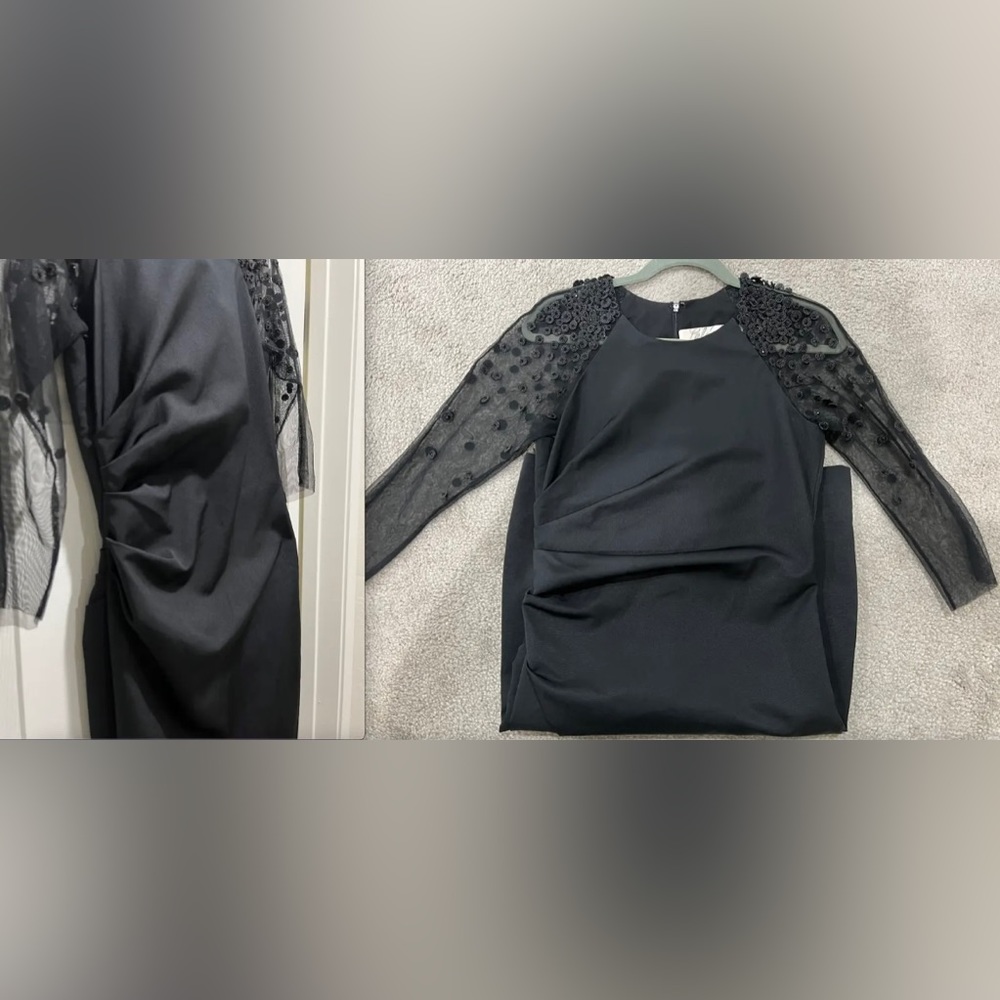 HOT Lela Rose Embellished Beaded Mesh Sleeve Ruched Sheath Black Dress $1695+! - Picture 8 of 12